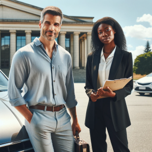 A worry-free car owner standing confidently next to their lawyer, discussing accidental claims. The car owner is a middle-aged Caucasian man dressed c